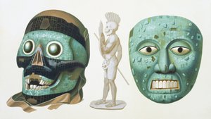 Til venstre: kraniemaske af guden Tezcatlipoca og højre: maske, der repræsenterer guden Quetzalcoatl eller Tonatiuh, ca. 1500, plade 43 fra 